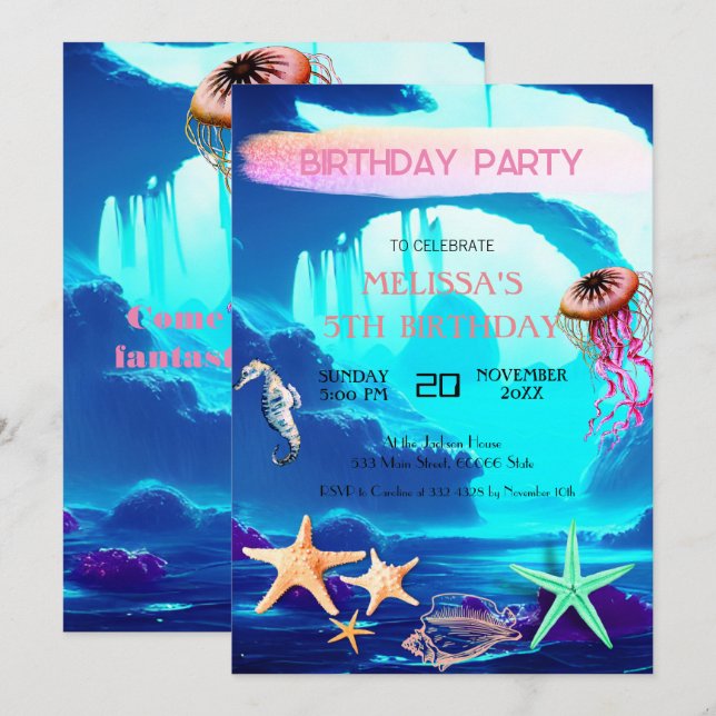 Watercolor Sea Animaux Invitation de fête d'annive (Devant / Derrière)