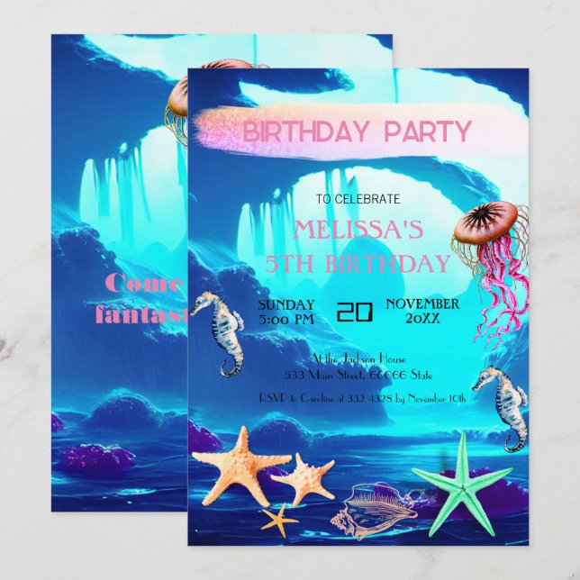 Watercolor Sea Animaux Invitation de fête d'annive (Devant / Derrière)