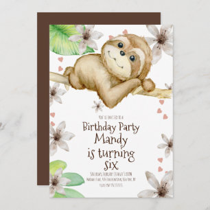 Watercolor Sloth Heart Floral Invitation d'anniver