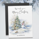 Watercolor Snowman et Joyeux voeux de Noël<br><div class="desc">Chaud bonhomme de neige souriant avec pin et décoré arbre nu.</div>