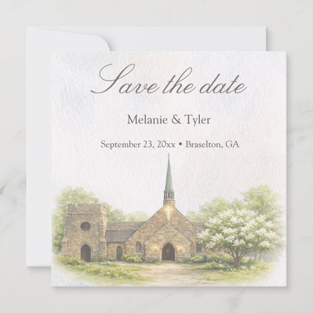 Watercolor Stone Chapel Save the Date Card (Devant)