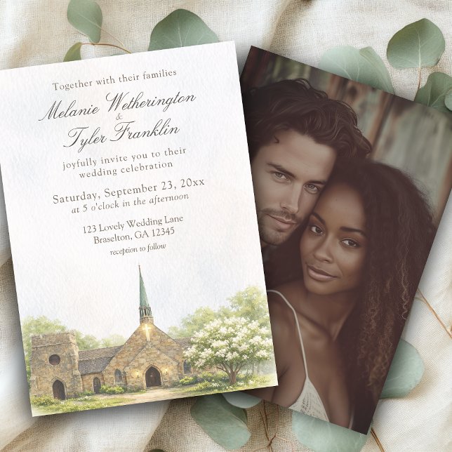 Watercolor Stone Chapel Wedding Photo Invitation (Créateur téléchargé)