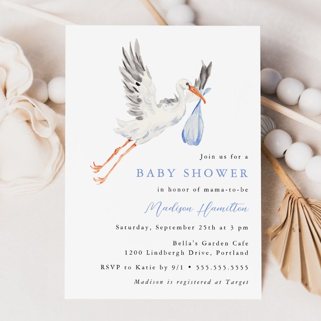 Watercolor Stork Blue Boy Baby shower Invitation (Créateur téléchargé)