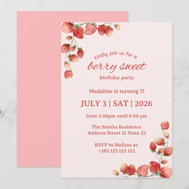 Watercolor Strawberries Invitation de fête d'anniv (Devant / Derrière)