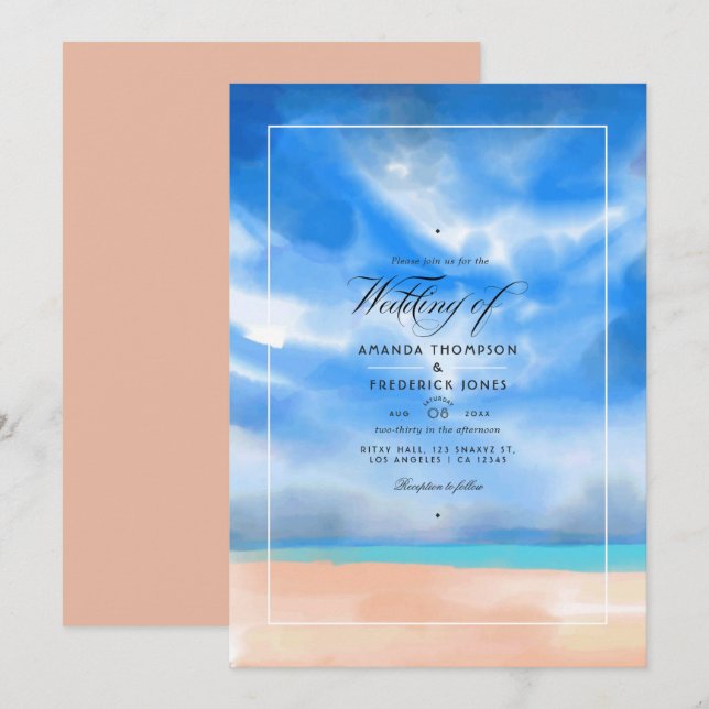 Watercolor Summer Beach Mariage Invitation (Devant / Derrière)