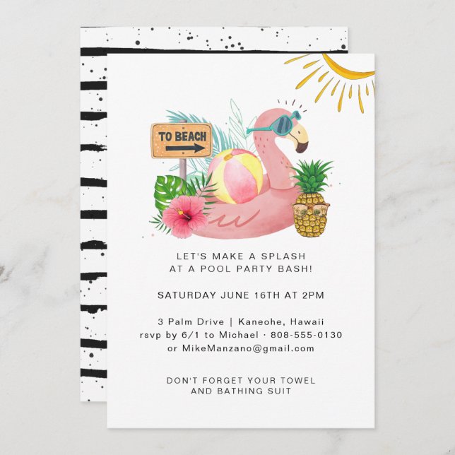 Watercolor Summer Pool Party Invitation (Devant / Derrière)