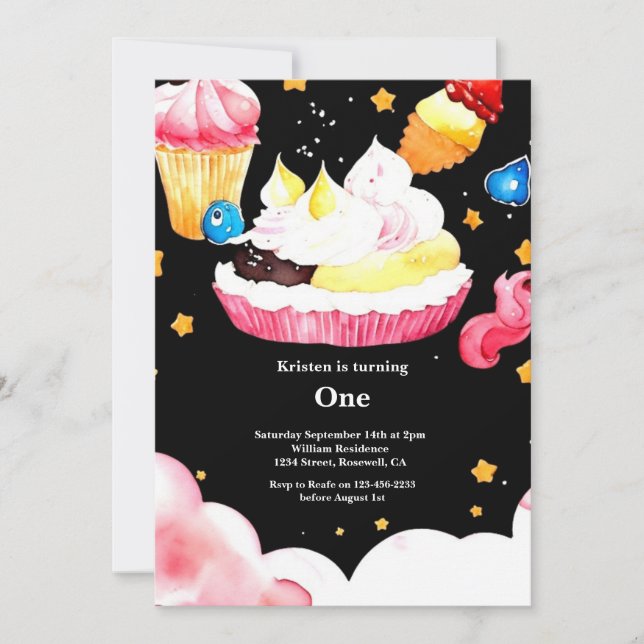 Watercolor Sweet Cake 1er Anniversaire Invitation (Devant)