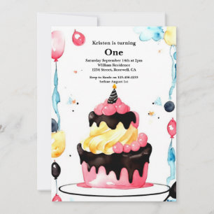 Watercolor Sweet Cake 1er Anniversaire Invitation