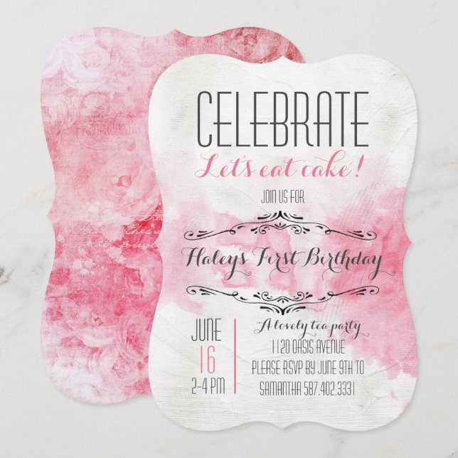 Watercolor Tea Party Invitation anniversaire (Devant / Derrière)