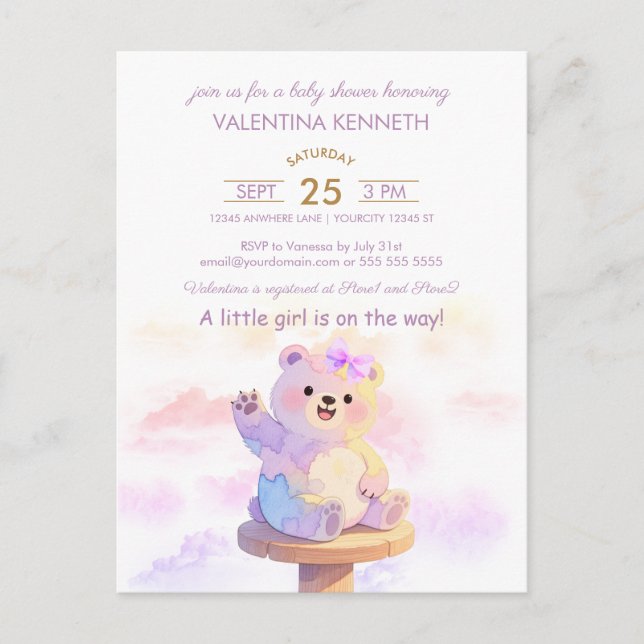 Watercolor Teddy Bear Girl Baby Shower Invitation (Devant)