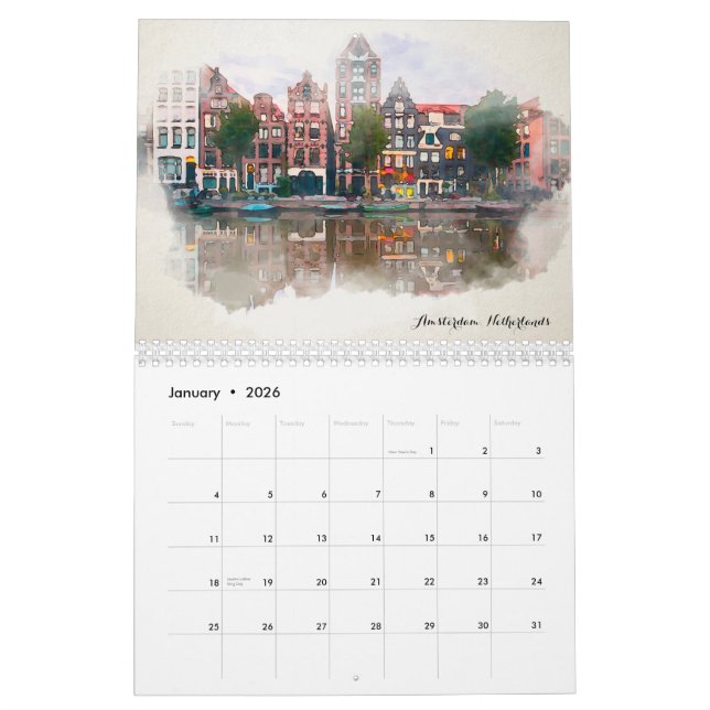 Watercolor Travel Europe Villes 2023 Calendrier (Jan 2026)