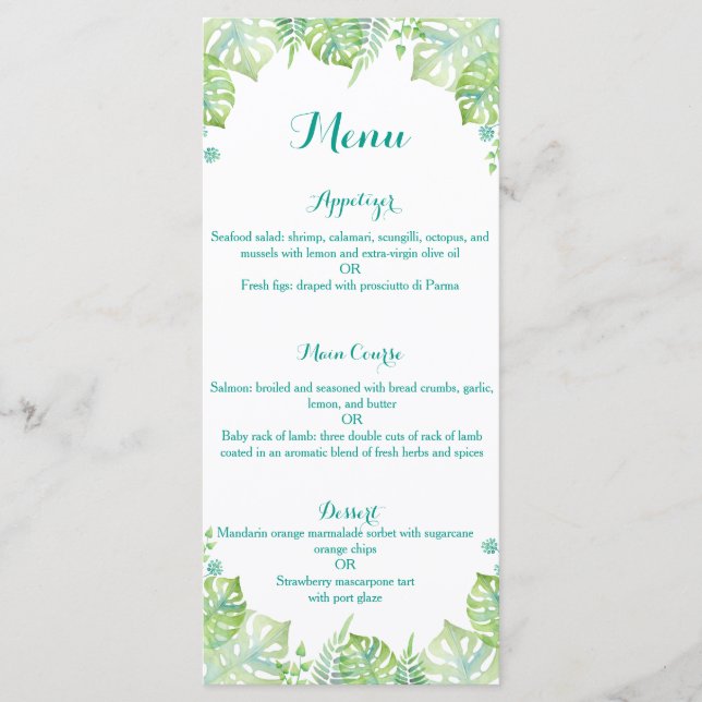 Watercolor tropical feuille menu mariage (Devant)