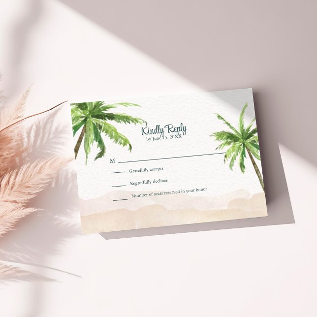 Watercolor Turquoise Sandy Beach Wedding Carte RSV (Watercolor Turquoise Sandy Beach Wedding RSVP Card on a sunny table with pampas grass.)