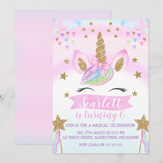 Watercolor Unicorn Invitation de fête d'anniversai (Devant / Derrière)