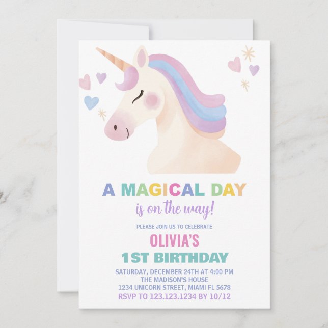 Watercolor Unicorn Invitations d'anniversaire (Devant)