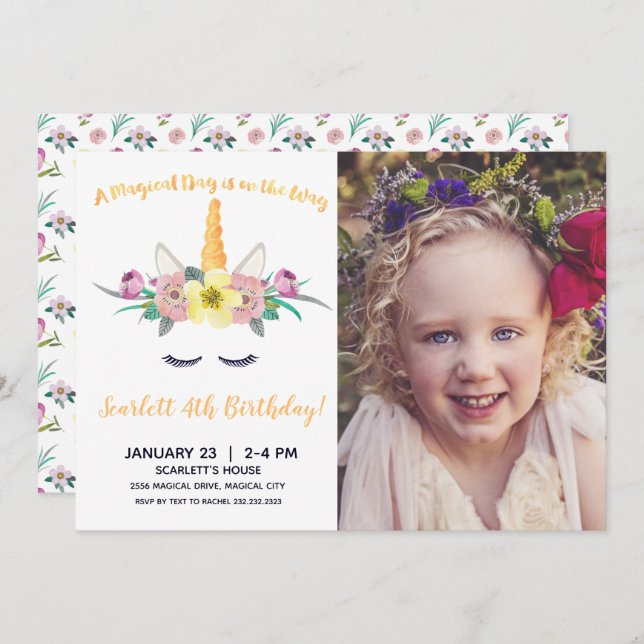 Watercolor Unicorn Photo Invitation Anniversaire (Devant / Derrière)