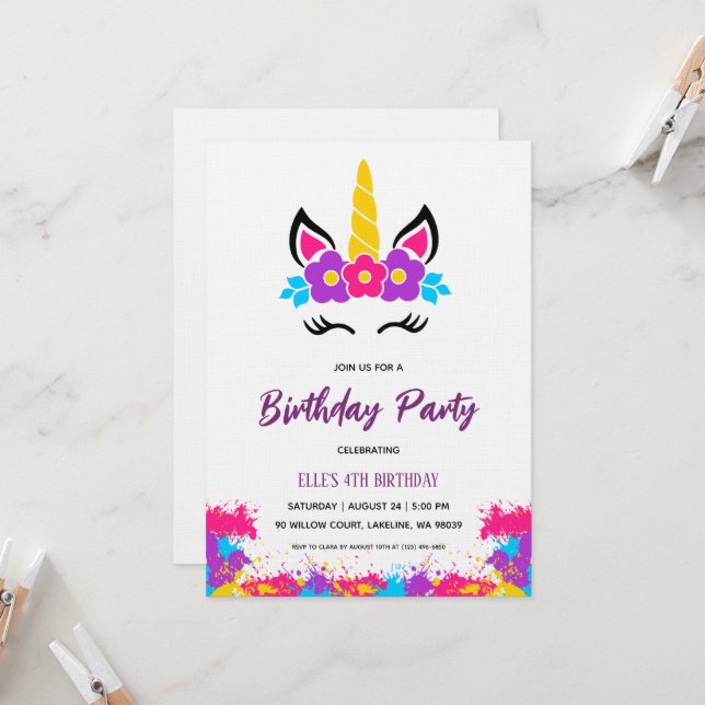 watercolor unicorn rainbow birthday invitation (Devant/Arrière en situation)