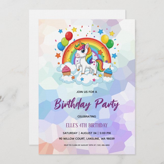 watercolor unicorn rainbow birthday invitation (Devant / Derrière)
