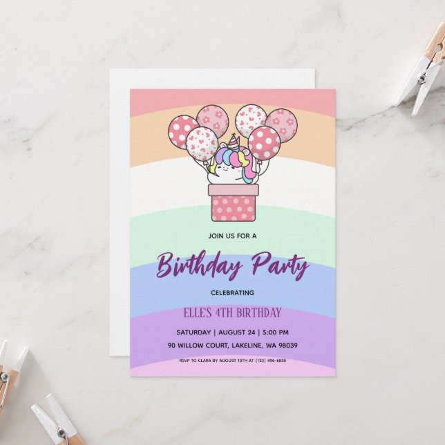watercolor unicorn rainbow birthday invitation (Devant/Arrière en situation)