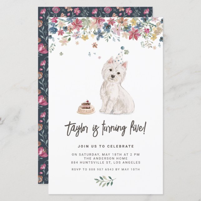 Watercolor Westie Chien Invitation d'anniversaire (Devant / Derrière)