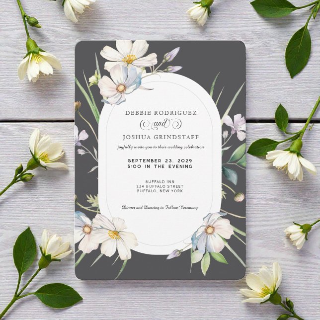 Watercolor White Floral w/Gray Wedding Invitation  (Créateur téléchargé)