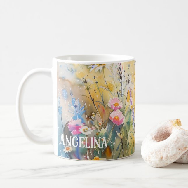 Watercolor Wildflowers Custom Name Mug (Avec donut)