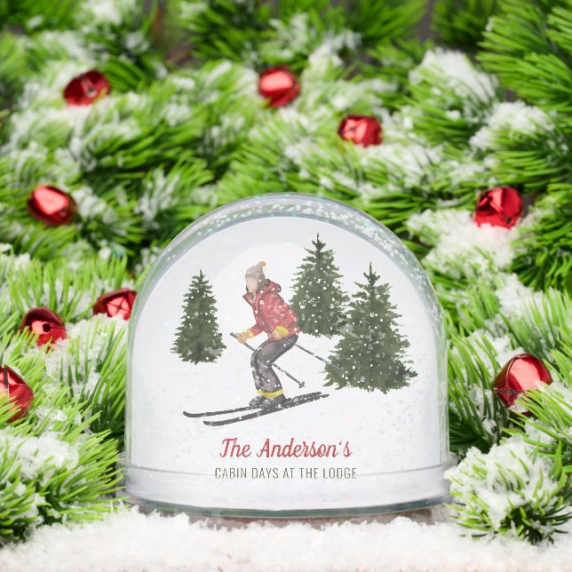 Watercolor Winter Ski Woman Custom Family Name (Noël)