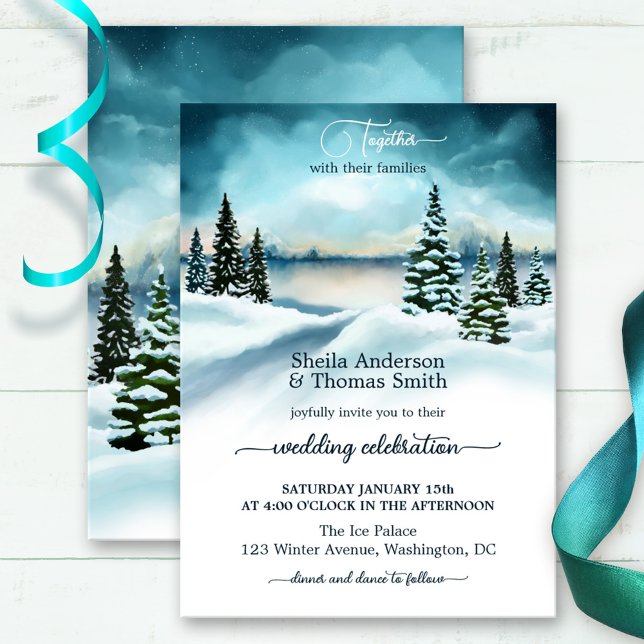 Watercolor Winter Wonderland Faire-part de mariage (Winter wedding invitation featuring a watercolor painting in a snow covered landscape with pine tree)