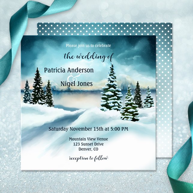 Watercolor Winter Wonderland Faire-part de mariage (Winter wedding invitation with a watercolor winter wonderland  scene with snow capped pine trees)