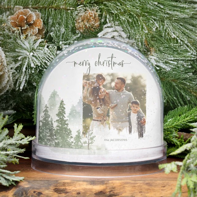 Watercolor Woods Merry Christmas Photo Snow Globe (Créateur téléchargé)