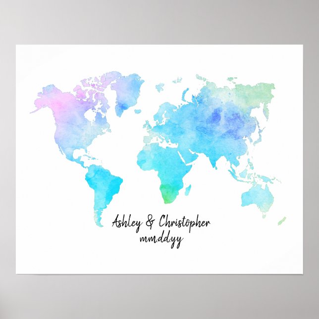 Watercolor World Map Mariage Livre d'or Imprimer (Devant)
