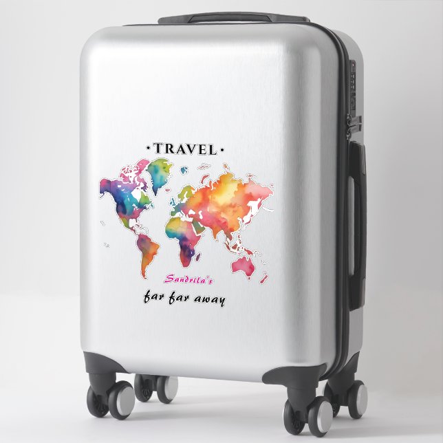 Watercolor World Map Travel Quote Sticker (Sur valise)