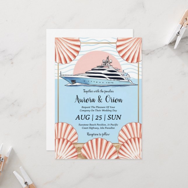 watercolor yacht invitations de mariage (Devant/Arrière en situation)