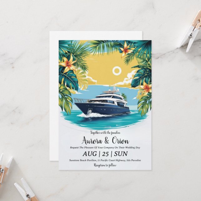 watercolor yacht invitations de mariage (Devant/Arrière en situation)
