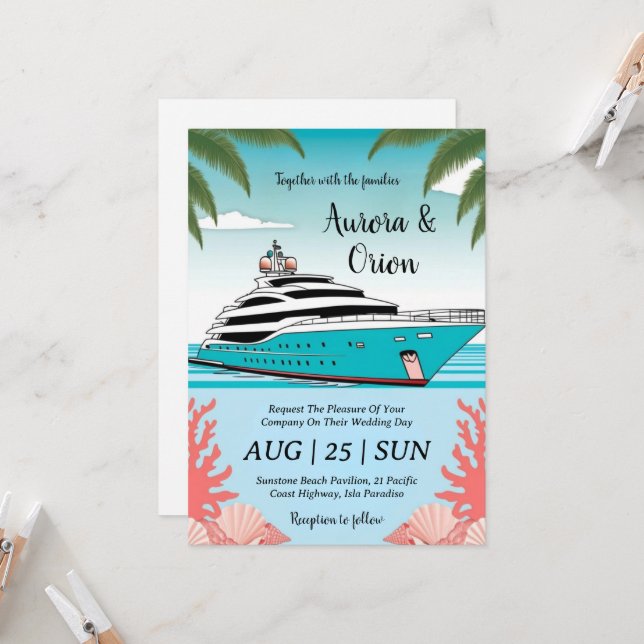 watercolor yacht invitations de mariage (Devant/Arrière en situation)