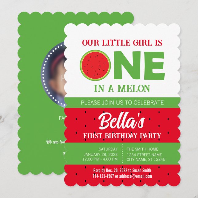 Watermelon 1er anniversaire Invitation avec photo (Devant / Derrière)