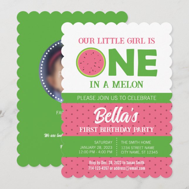 Watermelon 1er anniversaire Invitation avec photo (Devant / Derrière)
