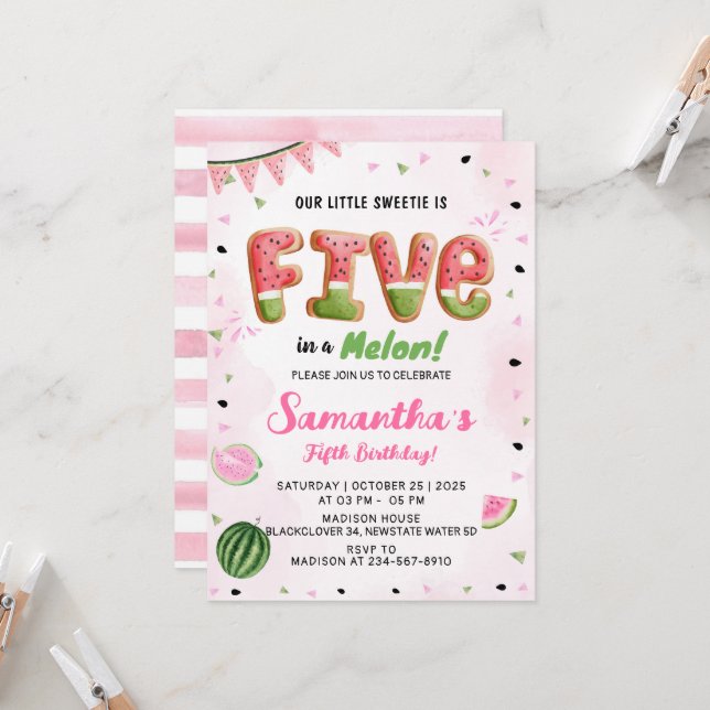 Watermelon 5th Birthday Party Invitation (Devant/Arrière en situation)