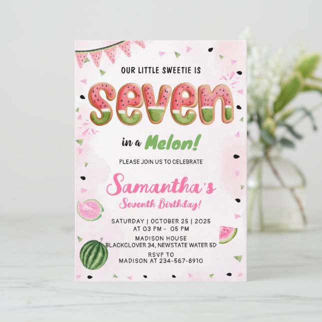 Watermelon 7th Birthday Party Invitation (Debout devant)