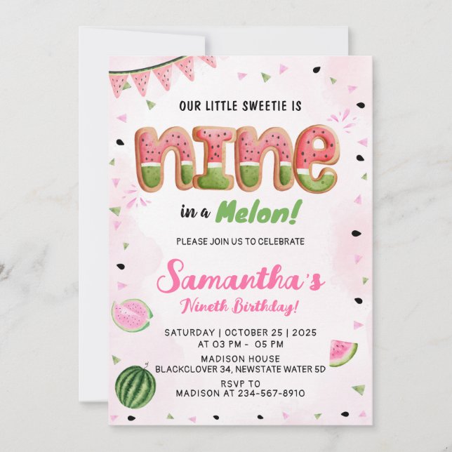 Watermelon 9th Birthday Party Invitation (Devant)
