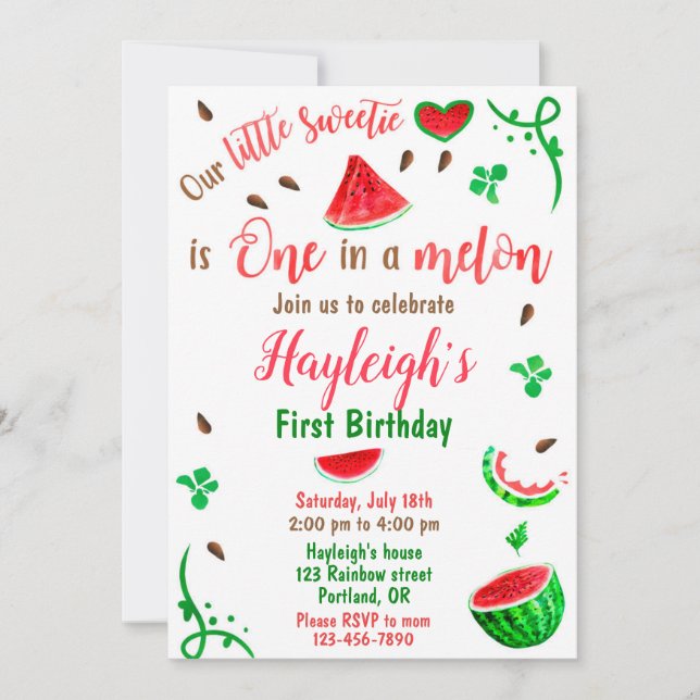 Watermelon birthday invitation Girl first birthday (Devant)
