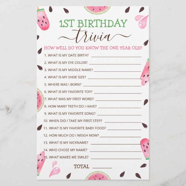 Watermelon One In A Melon 1er Anniversaire Trivia  (Devant)