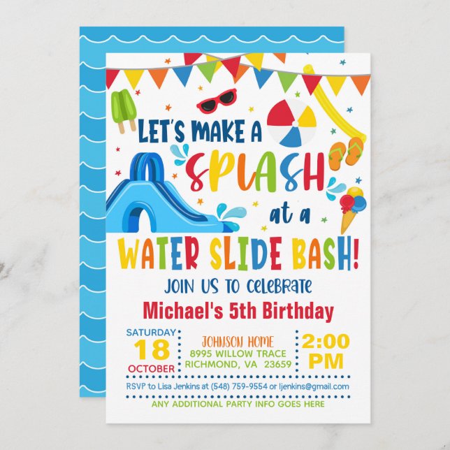 Waterslide Bash Invitation d'anniversaire - Garçon (Devant / Derrière)