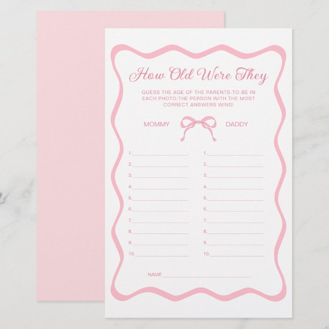 Wavy Pink Bow Baby shower Devine Le Jeu De L'Âge (Devant / Derrière)