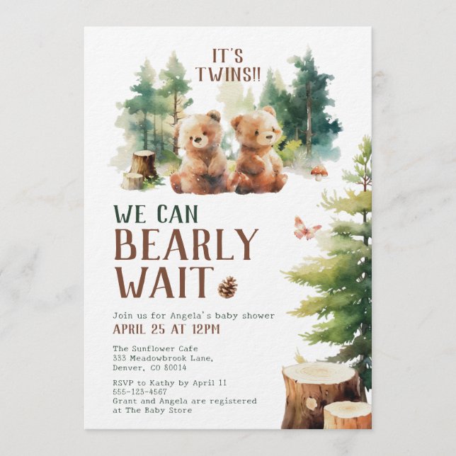We Can Bearly Wait Twins Baby Shower Invitation (Devant)