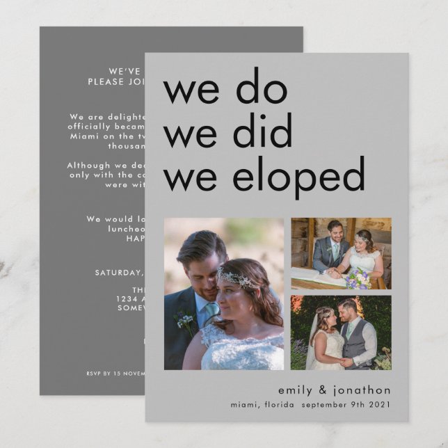 We Eloped 3 Photos Faire-part Invitation gris (Devant / Derrière)