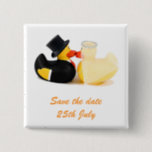 Wedding ducks 2 ... Badge<br><div class="desc">Two cute yellow rubber ducks dressed as a bride and groom. Top hat and tails with pearls. Two kissing ducks Save the Date card with customizable text for your own special message,  names,  save the date or add your own image.</div>