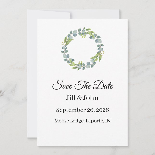 Wedding Eucalyptus Wreath Vertical  Save the Date  (Devant)