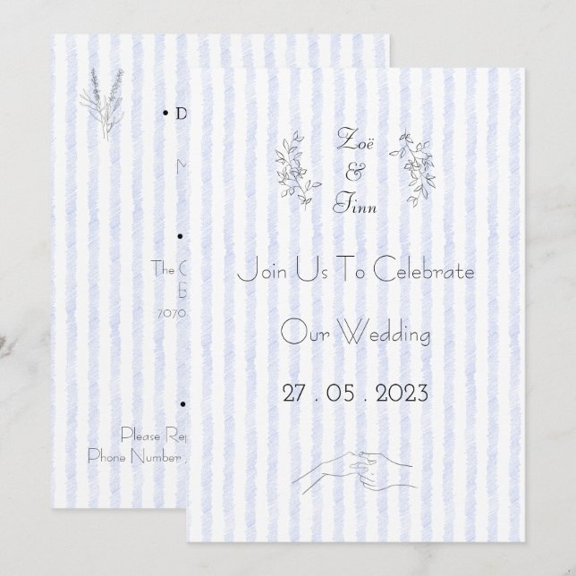 Wedding Invitation (12,7 cm x 17,8 cm) - Blue Stri (Devant / Derrière)