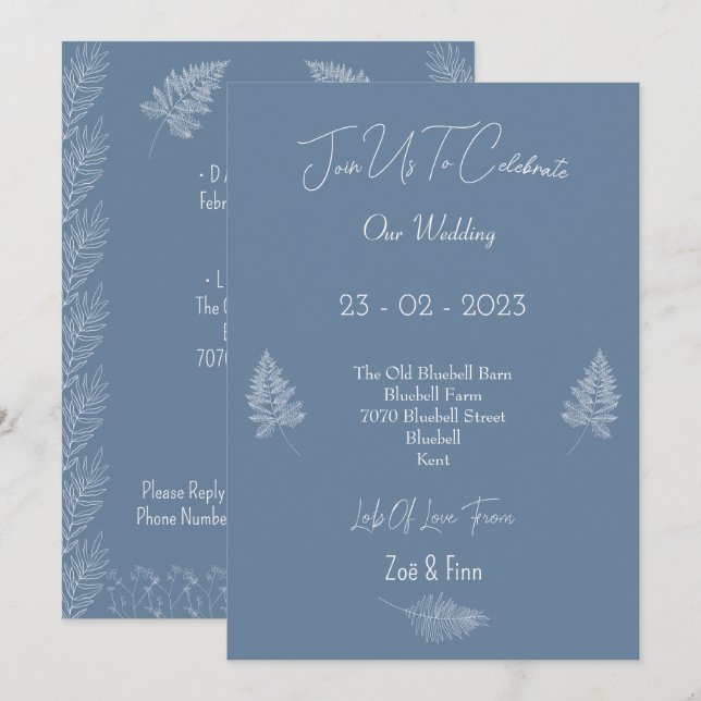 Wedding Invitation (12,7 x 17,8 cm) - Blue And Whi (Devant / Derrière)